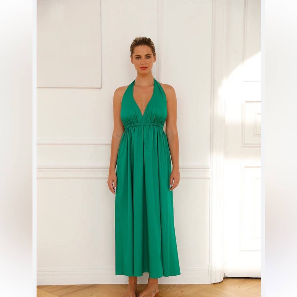 Monica Nera Elegant Green Halter Maxi Dress